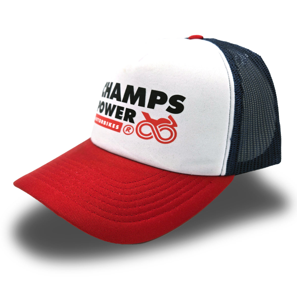 GORRA PREMIUM CHAMPS POWER MOTORBIKES 2025 WHITE, RED & BLUE